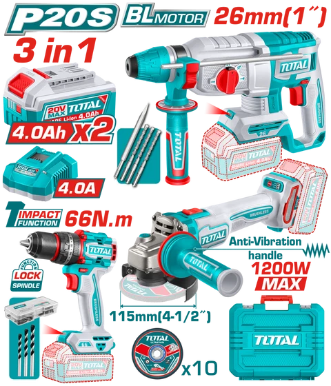 TOTAL | 3 Pcs Cordless Combo Kit | TCKLI202598