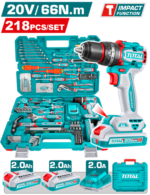 TOTAL | 218 Pcs Tools set , 20V cordless impact drill with 2 Batteries and Charger + Combination Tools Set | THKTHP42187