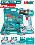 TOTAL | 218 Pcs Tools set , 20V cordless impact drill with 2 Batteries and Charger + Combination Tools Set | THKTHP42187