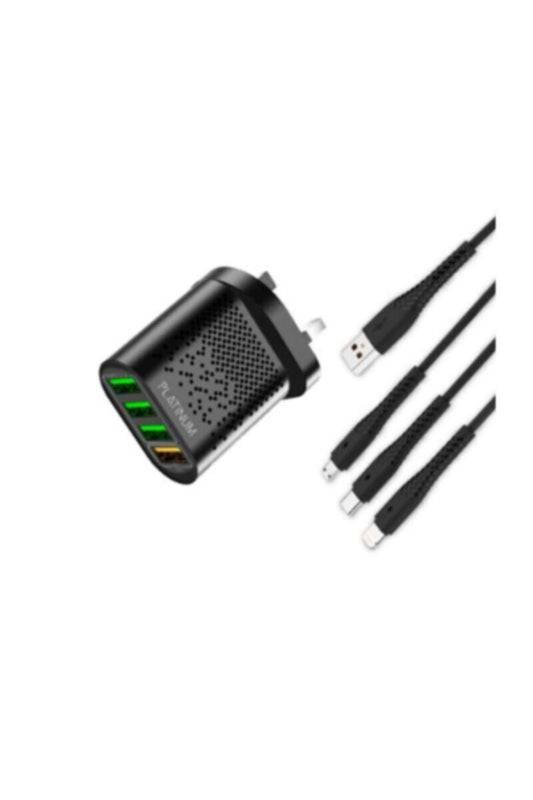 PLATINUM | Vital Series Quad Usb Charger + 3 in 1 Cable - Black | P-COMVQ3N1BK