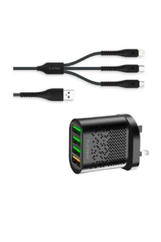 PLATINUM | Vital Series Quad Usb Charger + 3 in 1 Cable - Black | P-COMVQ3N1BK