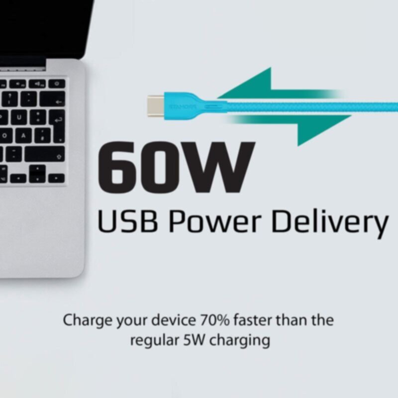 PROMATE | 60W Power Delivery Enabled USB-C to USB-C Data Sync & Charge Cable Blue | POWERBEAM-CC.BLUE