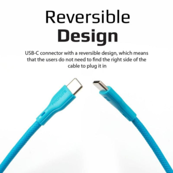 PROMATE | 60W Power Delivery Enabled USB-C to USB-C Data Sync & Charge Cable Blue | POWERBEAM-CC.BLUE