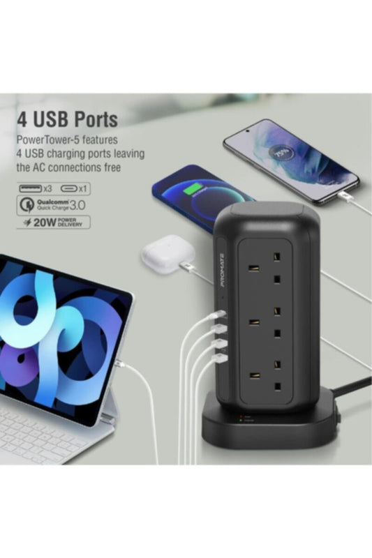 PROMATE | 16-In-1 Multi-Socket Surge Protected Power Tower 1700J Surge Protected 20W Power Delivery | TE0187966