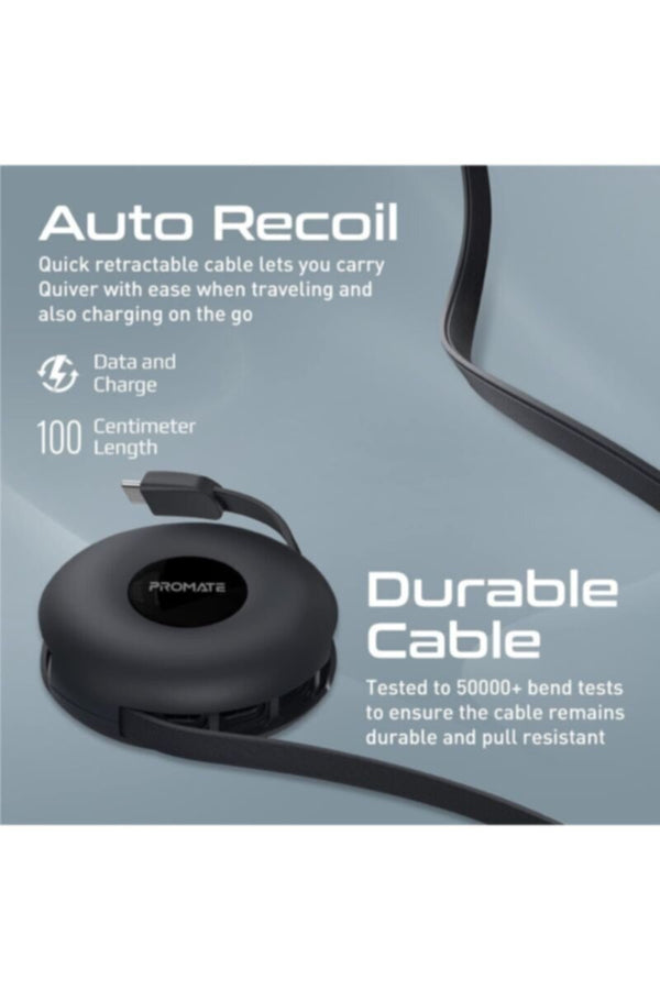 PROMATE | 3-In-1 Auto-Recoil USB-C Cable With Magneoc USB-C, Lightning & Micro-USB Tips, Black | TE0181284