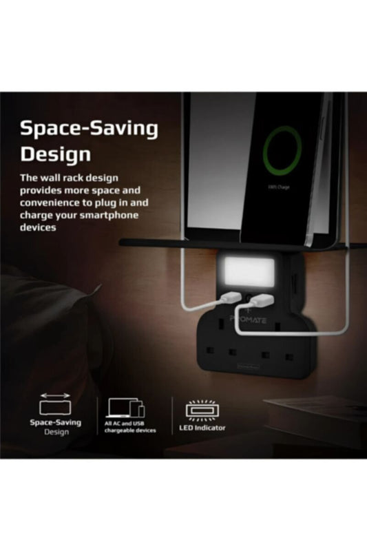 PROMATE | 5-In-1 Wall-Mount Charging Station, 2 Ac Sockets, Stand, Black | TE0167084