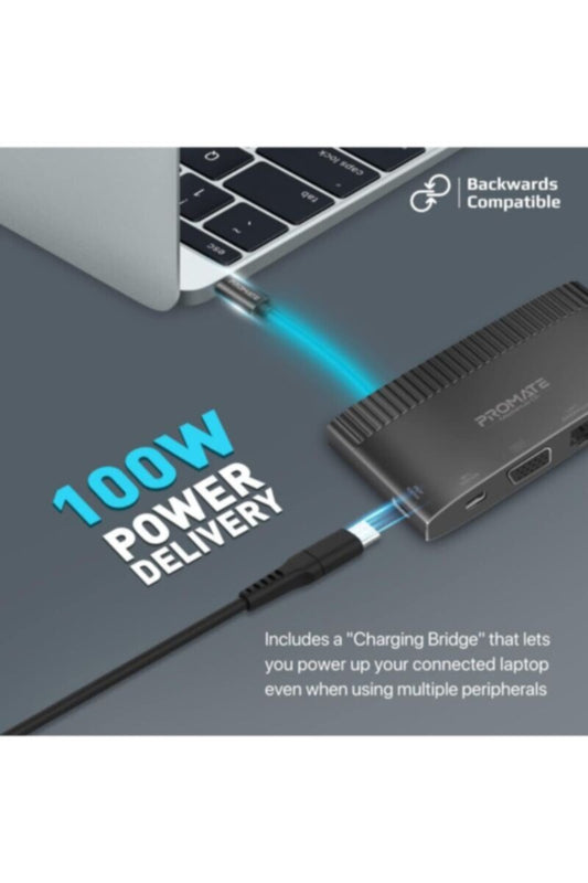 PROMATE | 6-In-1 Super Speed USB-C Media Hub With 100W Power Delivery 4K Hdm 1080P Vga Dual Display Support | TE0187958