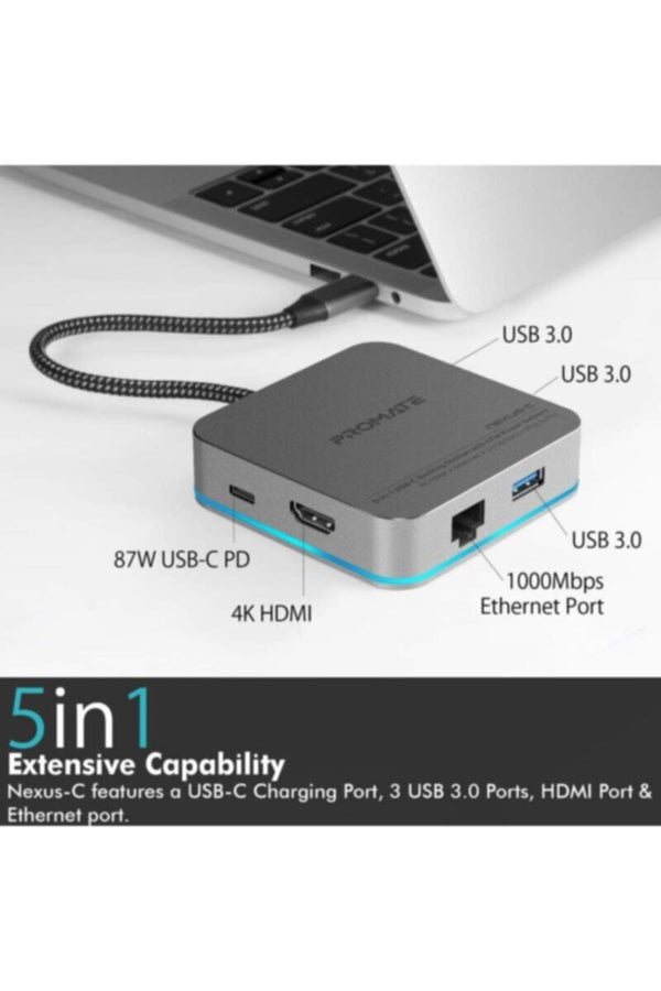 PROMATE | 6 in 1 Type-C Adapter With 1000Mbps RJ45 Ethernet, 87W USB Type-C Power Delivery | TE0138606