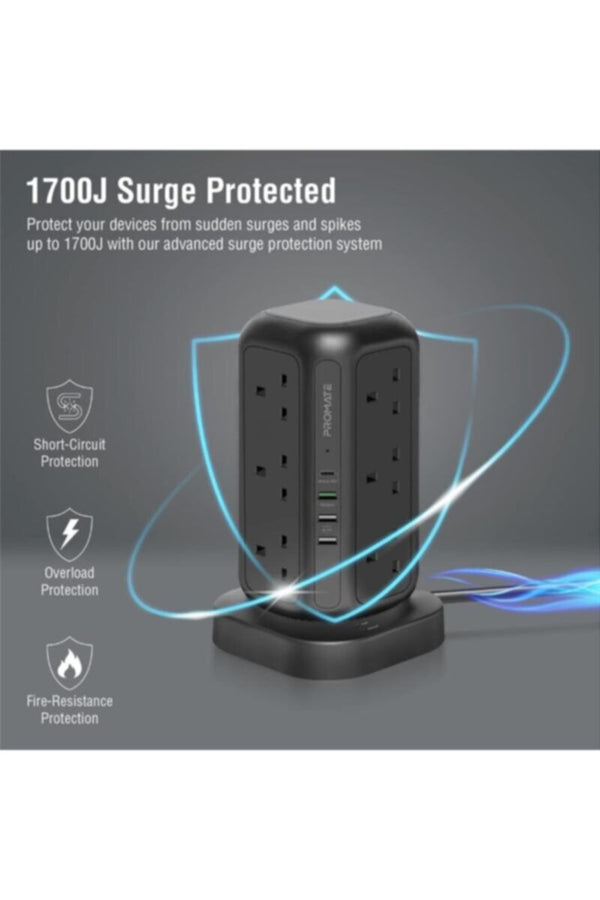 PROMATE | Power Strip with USB-C, 3250W 12 AC Outlets Power Extension, 20W USB-C Power Delivery Port | TE0187966