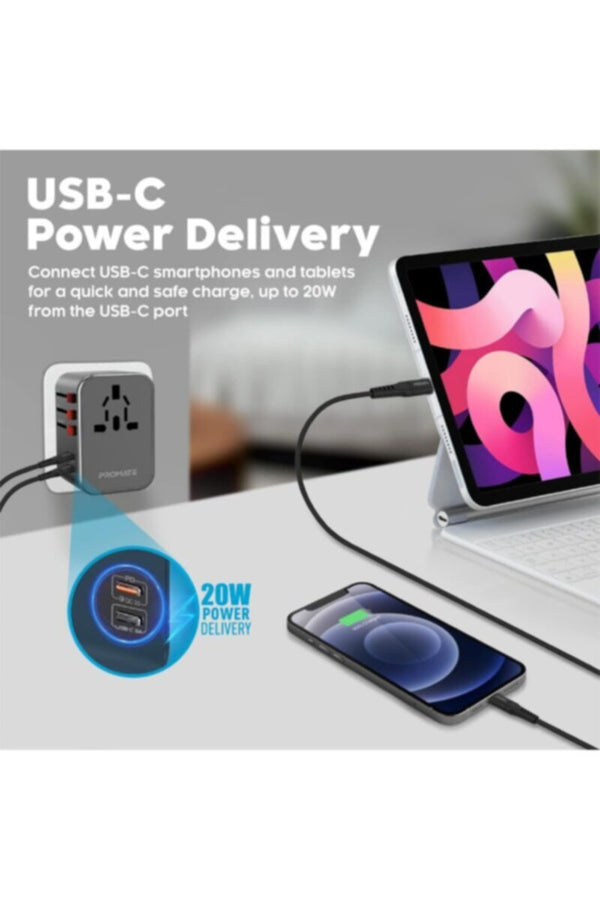 PROMATE | Travel Adaptor With 20W, UK, EU, AU, US Plugs | TE0187952