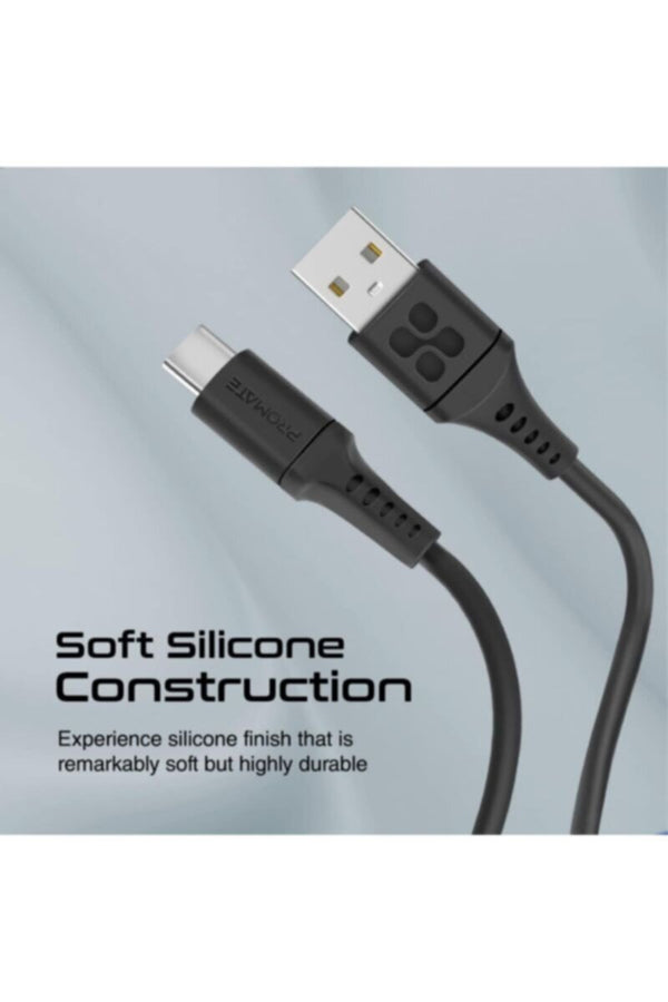 PROMATE | Ultra-Fast USB-A to USB-C Soft Silicone Cable 2 Meter Black | TE0201529