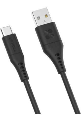 PROMATE | Ultra-Fast USB-A to USB-C Soft Silicone Cable 2 Meter Black | TE0201529