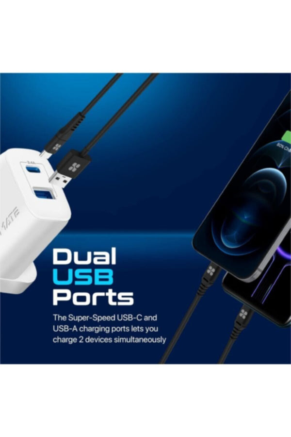 PROMATE | USB-C Adapter, Universal 17W Multi-Port Wall Charger with 5V/3A Type-C Port, 5V/2.4A USB-A Port | TE0184124