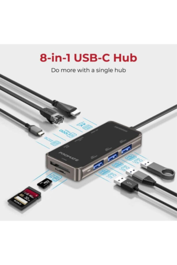 PROMATE | USB-C Hub, Multi-Functional 8-in-1 Type-C Adapter with 100W USB-C Power Delivery Port | TE0167190