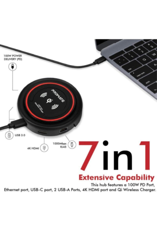 PROMATE | USB-C Hub with Qi Wireless Charger, USB Type-C Docking Station with 100W Type-C Power Delivery | TE0138559