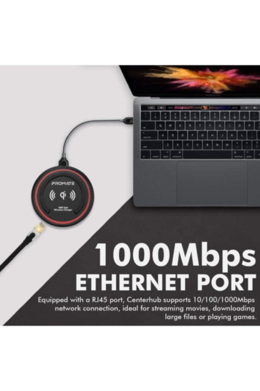 PROMATE | USB-C Hub with Qi Wireless Charger, USB Type-C Docking Station with 100W Type-C Power Delivery | TE0138559