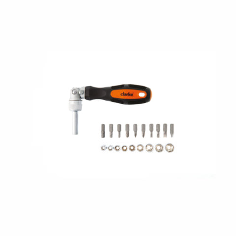 CLARKE | Ratchet Screw Driver & Bit Set 20 pcs Orange Black Handle Magnetic Bit with 3 Position Work | SDSPCL