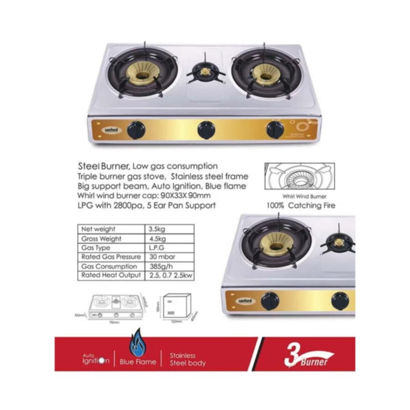 SANFORD | Stainless Steel Gas Stove 3 Burner Silver | SF5357GC B