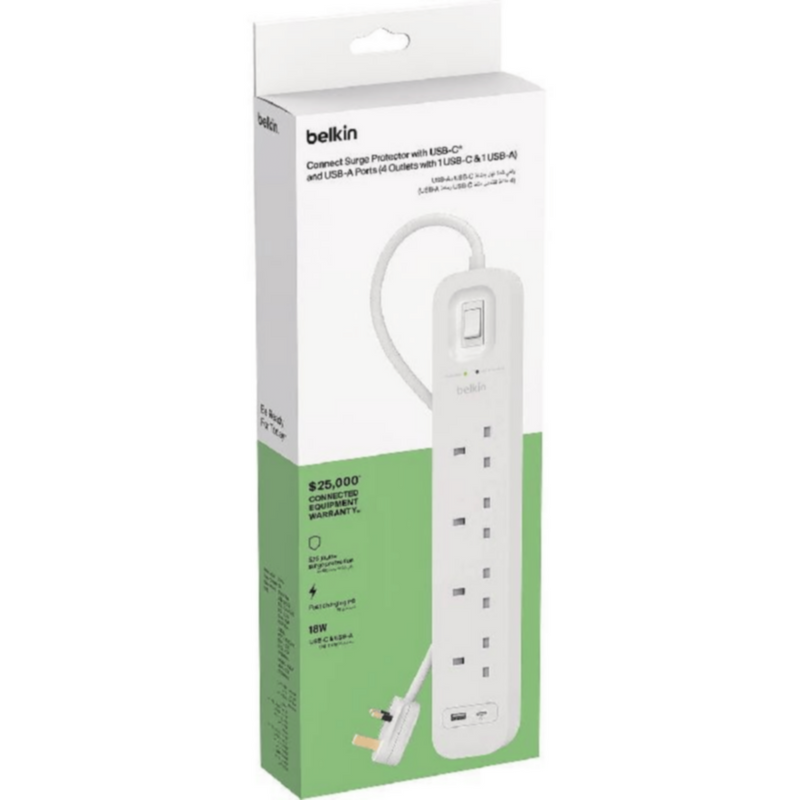 BELKIN | 4-Outlet Surge Protector 18W, Usb-A & Usb-C Ports, 2M Cord | SRB001ar2M