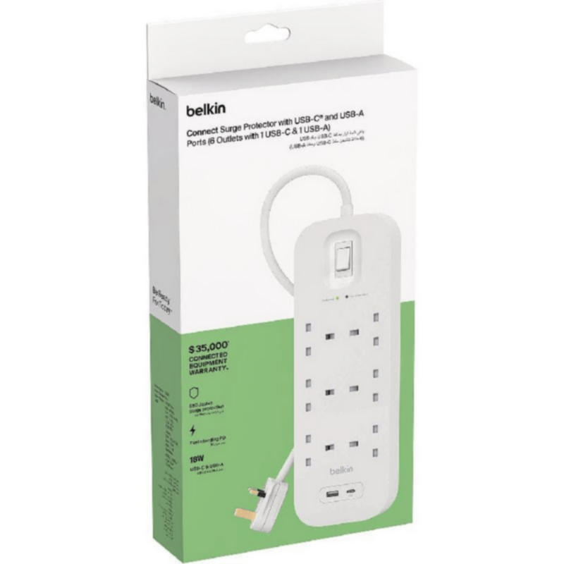 BELKIN | 6-Outlet Surge Protector 18W, Usb-A & Usb-C Ports, 2M Cord | SRB002ar2M