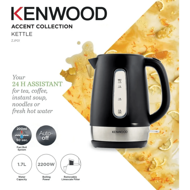 KENWOOD | 1.7L Cordless Electric Kettle 2200W with Auto Shut-Off & Removable Mesh Filter Black/Silver ZJP01.A0BK | 00C285800KEAS