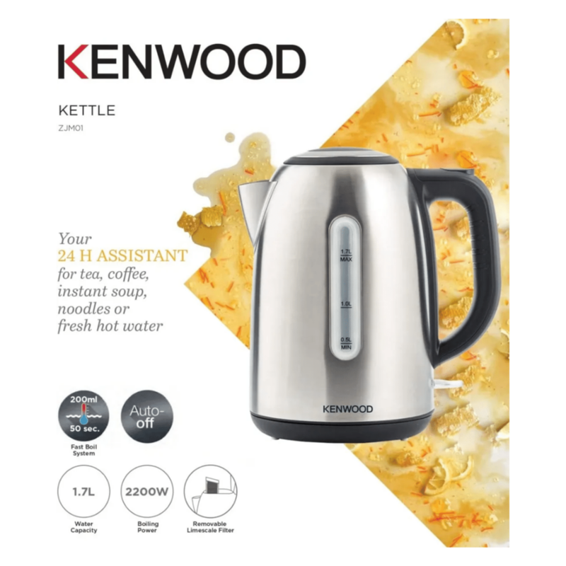 KENWOOD | Stainless Steel 1.7L Cordless Electric Kettle 2200W with Auto Shut-Off & Removable Mesh Filter Silver/Black ZJM01.A0BK | 00C285900KEAS