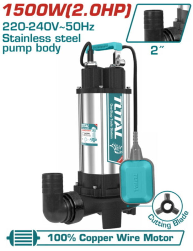 TOTAL | Inox Sewage Water Submersile Pump with Cutting Blade 1.500W | TWP7150026