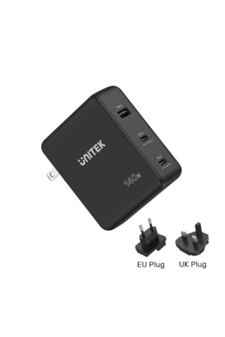 UNITEK | 140W 3-in-1 GaN Travel Charger (2*PD + QC3.0), With EU/UK Plugs, 2M USB -C PD | P1115A