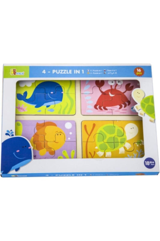 VIGA | Wooden 4 in 1 Whale, Fish, Turtle and Crab Sea Animals Jigsaw Puzzle for Kids Ages 1+ Year | 50190