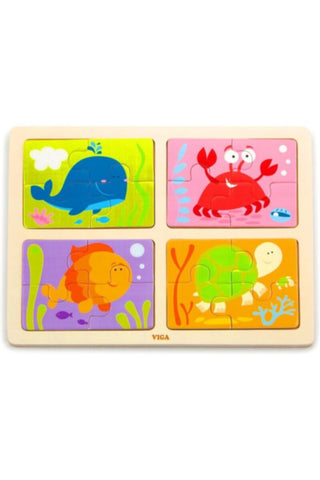VIGA | Wooden 4 in 1 Whale, Fish, Turtle and Crab Sea Animals Jigsaw Puzzle for Kids Ages 1+ Year | 50190