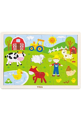 VIGA | Wooden Farm Animals Tray Jigsaw Puzzle For Kids Ages 2+ Years, 24 pcs | 50197