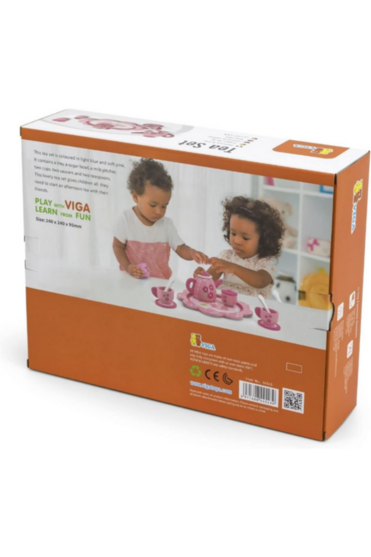 VIGA | Wooden Pink Tea Set Pretend Play Carry Handles For Kids Ages 18+ Months | 44543