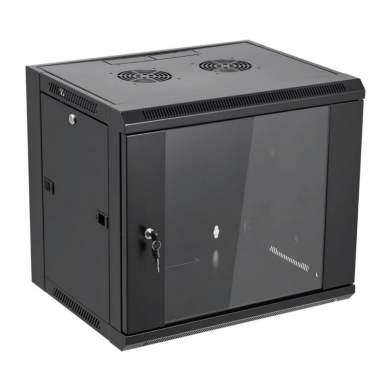NETCON | 9U Single Section 600W*600D Wall Mount Cabinet, Front Glass & 1 Way Fan | NTSW9U60601FC1