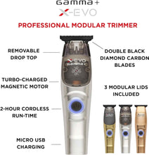 GAMMA+ | X-Evo Trimmer Microchipped Magnetic Motor with Interchangeable Lids Matte Colors, 3 Guards, Charging Stand