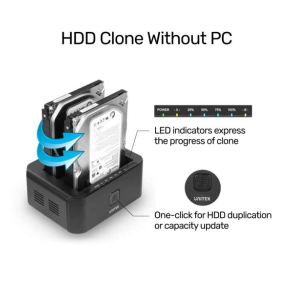 UNITEK | USB 3.0 to SATA III Dual Bay HDD/ SSD Docking Station with UASP & Offline Clone in Black | Y-3032