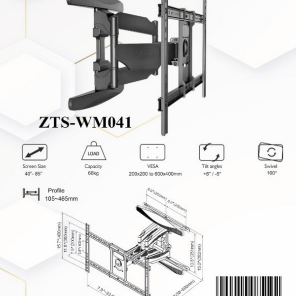 ZENAN | Extendable TV Wall Bracket 40"-85" inches 68kg Black | ZTS-WM041