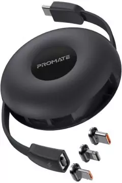 PROMATE | 3-In-1 Auto-Recoil USB-C Cable With Magneoc USB-C, Lightning & Micro-USB Tips, Black | TE0181284