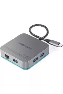 PROMATE | 6 in 1 Type-C Adapter With 1000Mbps RJ45 Ethernet, 87W USB Type-C Power Delivery | TE0138606
