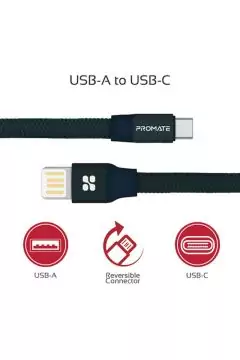 PROMATE | Aluminum Reversible USB-A To USB-C Cable, Auto Rolling High Durable Fabric 1M Blue | TE0138563
