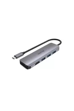 يونيتك | موزع USB 3.1 من النوع C 6 في 1 (3 منافذ USB3.0 + قارئ بطاقات + HDMI)، رمادي فلكي | H1107F