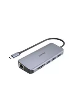 يونيتك | موزع USB 3.1 Gen1 من النوع C 9 في 1 (USB3.0*3 + HDMI + VGA + RJ45 + قارئ بطاقات + PD 100 وات)، رمادي فلكي | D1026B