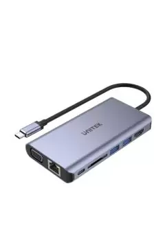 UNITEK | USB 3.1 Type-C Aluminium Multi-Port Hub with Power Delivery (2-Port USB3.0 + HDMI + VGA + SD + Audio + Gigabit Ethernet + USB-C PD/Data) | D1019A
